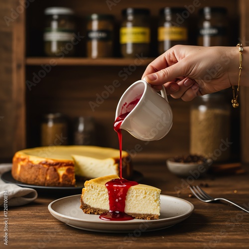 Cheesecake slice with berry sauce and fork