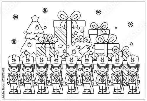 Christmas toy soldiers illustration with group of festive figures standing in front of stacked decorated presents and tree with bows stars ornaments and snowflakes
