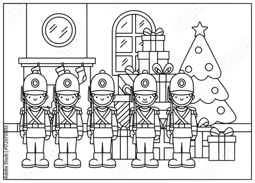 Christmas toy soldiers illustration with festive figures standing indoors near decorated tree stacked presents fireplace stockings and holiday window background scene