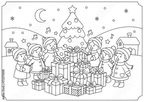 Christmas carolers illustration with children singing festive songs outdoors at night beside decorated tree and pile of wrapped presents under stars moon and snowflakes