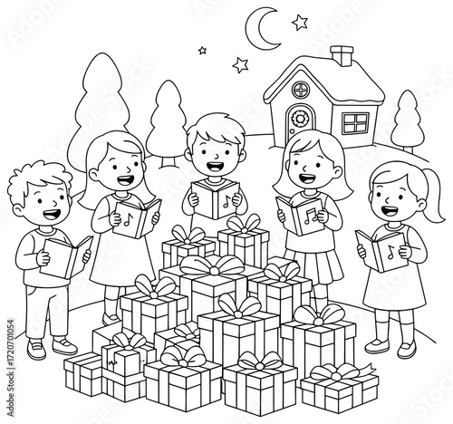 Christmas carolers illustration with children singing festive songs outdoors at night beside pile of wrapped presents under moon stars trees and decorated house