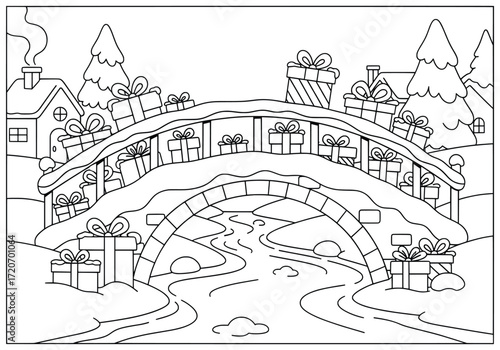 Christmas bridge illustration with snowy winter village houses pine trees and river decorated with stacked wrapped festive presents placed across holiday scene design