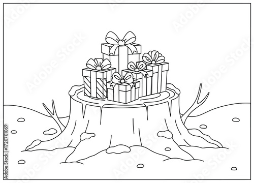 Christmas presents illustration with wrapped festive gift boxes stacked on large tree stump in snowy outdoor landscape creating seasonal winter holiday scene design