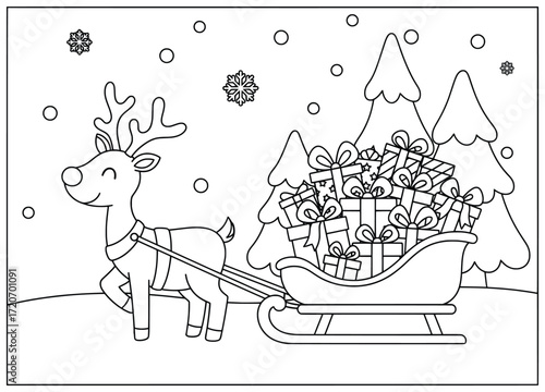 Christmas reindeer illustration pulling sleigh stacked with wrapped festive presents through snowy winter landscape with pine trees and falling snowflakes holiday scene