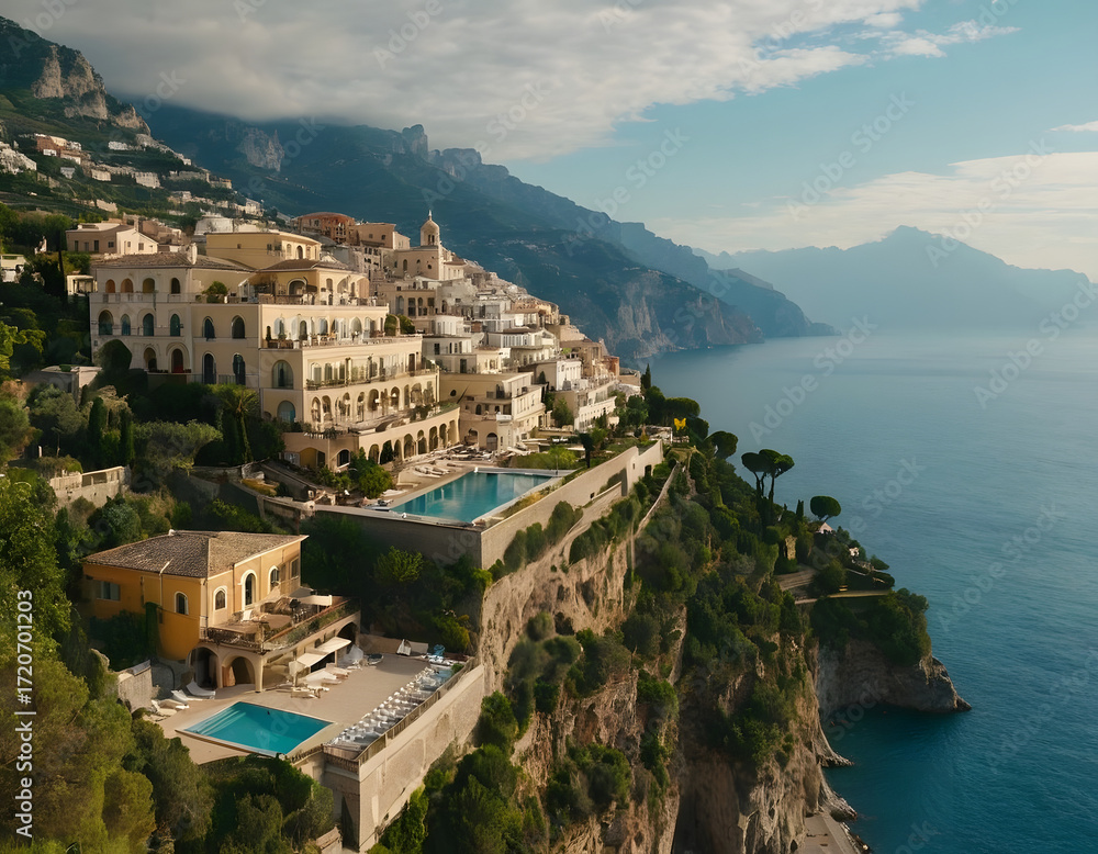 Obraz premium Mediterranean-inspired villa with a sprawling garden and a private beach access in the exclusive Hamptons, New York. A view of the town of Kotor.