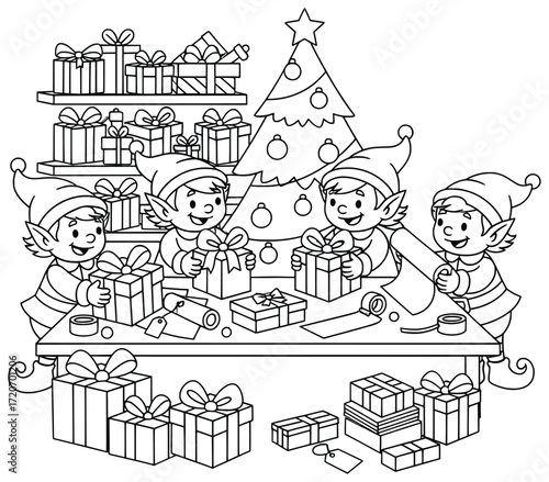 Santa’s elves illustration wrapping and preparing Christmas presents beside a decorated tree with shelves full of gifts creating a cheerful festive holiday workshop scene