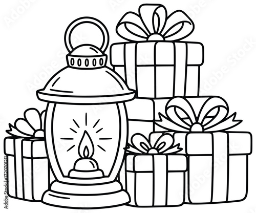 Christmas lantern illustration glowing with a warm candlelight surrounded by festive gift boxes tied with bows creating a cozy and joyful holiday celebration scene
