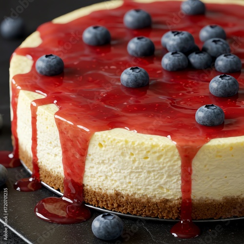 Cheesecake with blueberry topping and fresh berries
