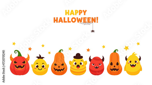 Festive Halloween Greeting: A cheerful display of grinning pumpkins and cheerful characters extends the joyous atmosphere of Halloween with playful arrangement.