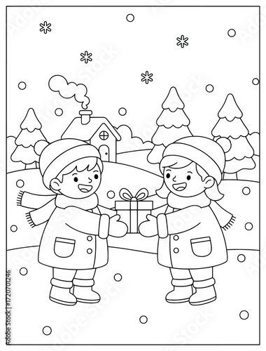 Christmas presents illustration of two children happily exchanging a gift outdoors in a snowy winter landscape with pine trees and a cozy house creating a festive joyful mood