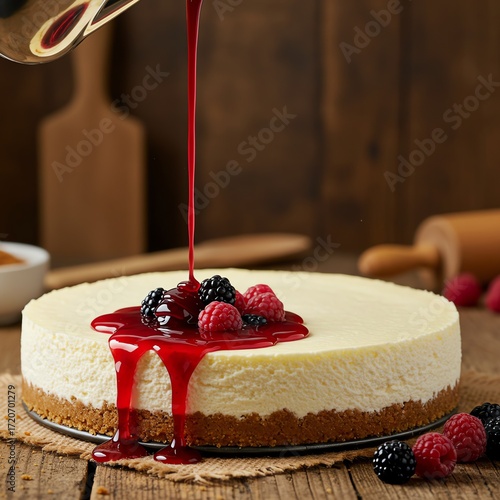 Cheesecake with berries and sauce