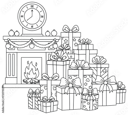 Christmas present illustration of stacked gifts with bows in front of a cozy fireplace and decorated mantel with a clock creating a festive holiday atmosphere