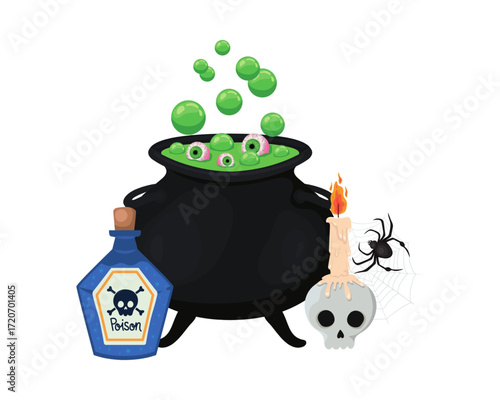 Spooky Halloween witchcraft set featuring a bubbling cauldron with a green potion, a poison bottle, a skull candle, and a spider