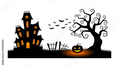 Spooky Halloween Silhouette: A haunting silhouette of a sinister haunted house, ominous tree, grinning jack-o'-lantern, and soaring bats, evoking the eerie spirit of Halloween.