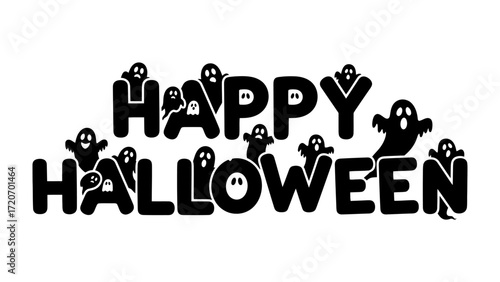 Happy Halloween: a spooky and playful typography of the phrase Happy Halloween adorned with ghostly characters, perfect for festive occasions.