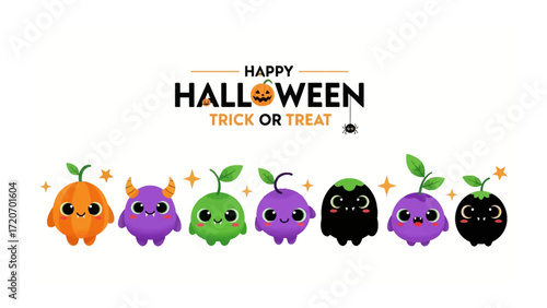 Festive Halloween Greetings: A charming Halloween-themed illustration featuring cheerful characters, perfect for spreading holiday joy and the spirit of Trick or Treat. 