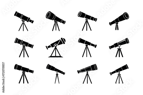 Telescope Icon Set – Astronomy Optical Instrument Silhouette Collection