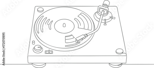 Single Continuous Line Drawing of a Retro Vinyl Record Player Turntable