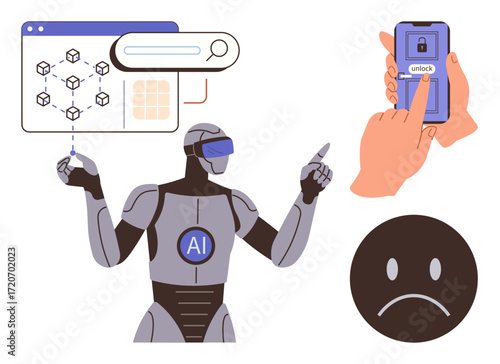 AI robot interacting with blockchain visualization, smartphone with unlock action icon, and sad face. Ideal for AI, blockchain, cybersecurity, emotions, digital identity, technology ethics
