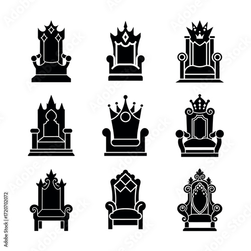 Royal Throne Icon Set – Vector King and Queen Chairs Collection