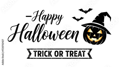 Spooky Halloween Scene: An artful composition for Halloween, featuring a glowing jack-o'-lantern and a witch's hat, accompanied by bats, evoking a playful yet eerie atmosphere.&#x20;