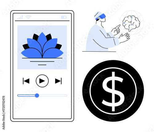 Smartphone with mindfulness app, person using VR headset interacting with a brain, dollar sign icon. Ideal for technology, wellness, finance, innovation, VR healthcare lifestyle themes. Clean flat