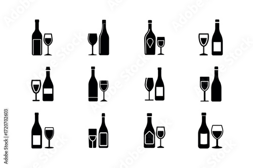 Wine Bottle and Glass Icons – Alcohol, Drink, Beverage, and Celebration Vector Set