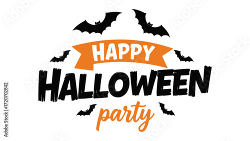 Happy Halloween Party: A festive Halloween text design, adorned with playful bats, perfectly captures the eerie yet delightful essence of the holiday and sets the stage for a memorable celebration.