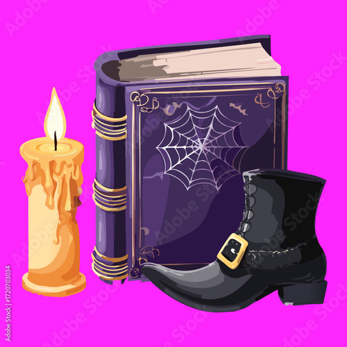 A mysterious purple spellbook with an ornate spiderweb design, accompanied by a glowing candle and pointy boots