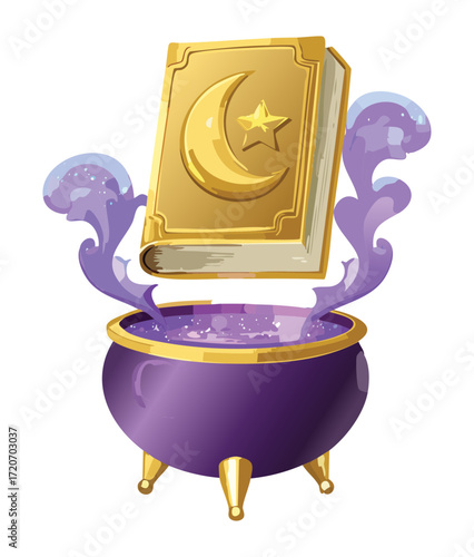 A magical scene with a crescent moon-adorned spellbook levitating over a bubbling cauldron full of potions