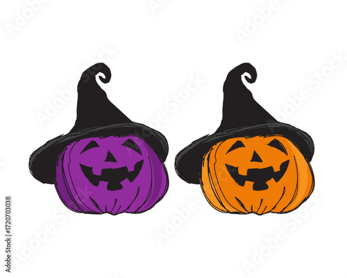 Two cheerful Halloween pumpkins wearing witch hats, one purple and one orange, ready for spooky celebrations