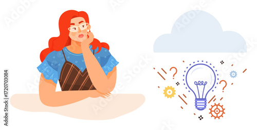 Woman resting head on hand, thinking deeply. Cloud and lightbulb with gears and question marks nearby. Ideal for creativity, innovation, brainstorming, problem-solving, decision-making, curiosity