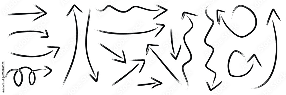 Fototapeta premium Hand drawn arrow set. Brush art. Crayon texture - curved and straight, spiral and directional pointers for navigation or infographic design. Vector illustration.