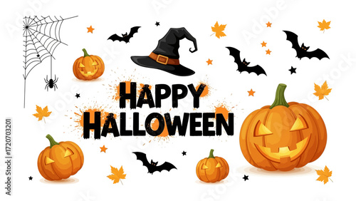 Halloween Elements: A spooky Halloween illustration. This image shows classic halloween elements such as pumpkin, bat, spider web, hat and leaf, perfect for your spooky project.