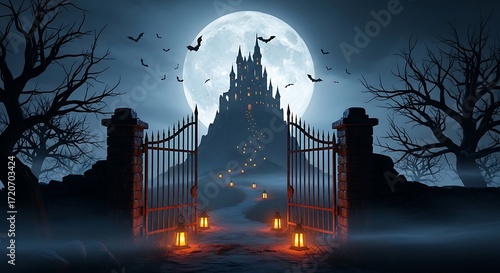 Eerie castle stands silhouetted against a full moon on a foggy night, evoking a sense of mystery and suspense during Halloween season.