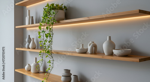 Floating bamboo shelves with trailing plants and minimalist ceramic decor, lit by hidden LED strips.
