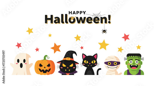 Happy Halloween: A cheerful, cartoonish display of various Halloween elements and icons, creating a playful holiday greeting.