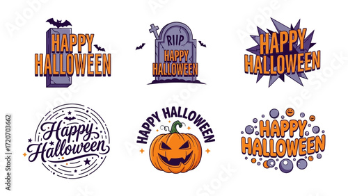 Spooky Halloween Decorations: A vibrant collection of illustrated Halloween emblems with pumpkins, gravestones, and bats, celebrating the spooky season with festive flair.