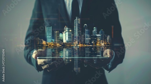 Fototapeta Naklejka Na Ścianę i Meble -  Man's hands working on digital tablet, reflection of city view double exposure