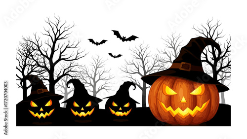 Jack-o'-lanterns in Spooky Halloween: Carved grinning jack-o'-lanterns wearing witch hats and set against a backdrop of silhouetted trees and flying bats, invoking the spirit of the spooky season. 