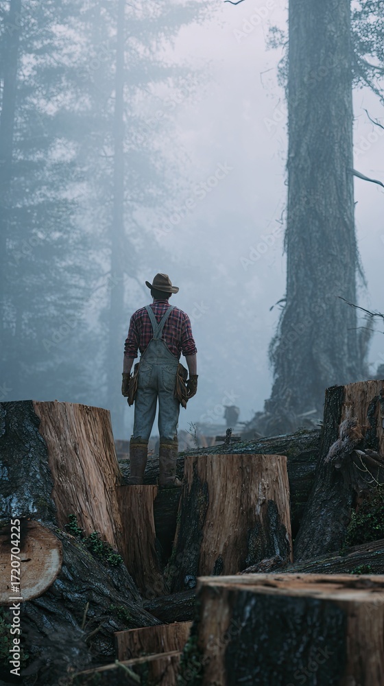 Obraz premium A lumberjack stands among tree stumps in a foggy forest, embodying resilience and connection to nature.