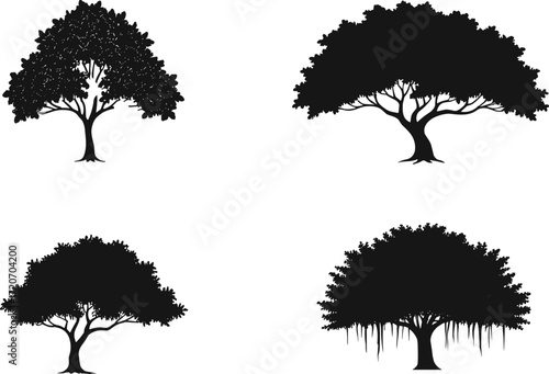Collection of tree silhouettes with detailed leaves and branches, natural forest vector design for eco artwork, decoration, landscape and nature illustration