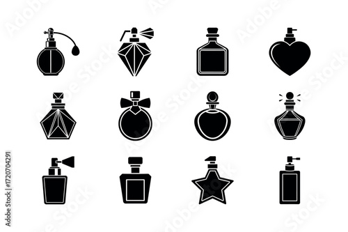 Perfume Bottle Icons – Elegant Fragrance, Cologne, and Scent Vector Set