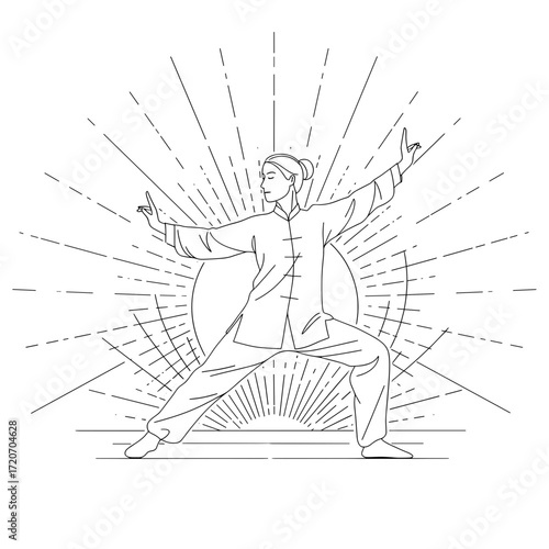 Woman practicing tai chi in a spiritual atmosphere with sun rays  