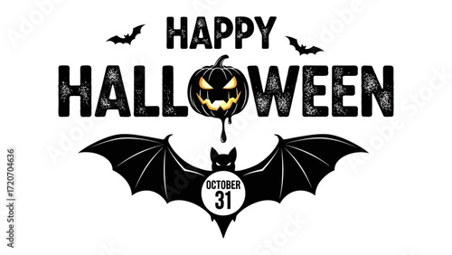 Spooky Celebration: A festive graphic illustration with a glowing pumpkin and menacing bat. Celebrate Halloween with a spooky theme and fun and excitement.