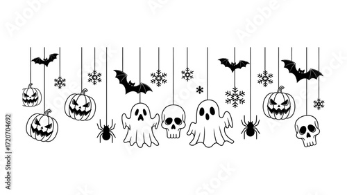 Halloween Garland: A playful garland adorns with spooky elements. Featuring pumpkins, bats, spiders, ghosts, skulls, and snowflakes suspended in a festive illustration.