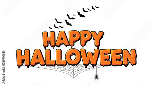Happy Halloween Greetings: A festive and vibrant Halloween greeting, with bold, orange text against a background, accompanied by bats and a spiderweb, exuding a playful yet spooky essence.