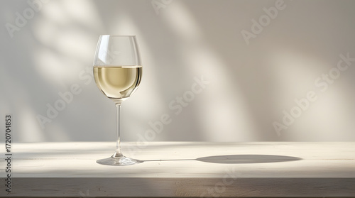Two crystal glasses of white wine champagne on a table, an alcoholic beverage for a celebration dinner party