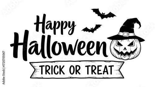Happy Halloween: A spooky illustration featuring a grinning pumpkin wearing a witch's hat and flying bats. With the phrase Trick or Treat banner. Perfect for evoking the spirit of the season.