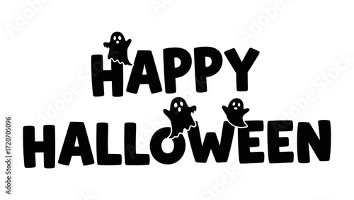 Halloween greetings card: A playful and festive graphic illustration of the phrase Happy Halloween with whimsical ghost elements, designed to evoke the spooky and fun spirit of the holiday.